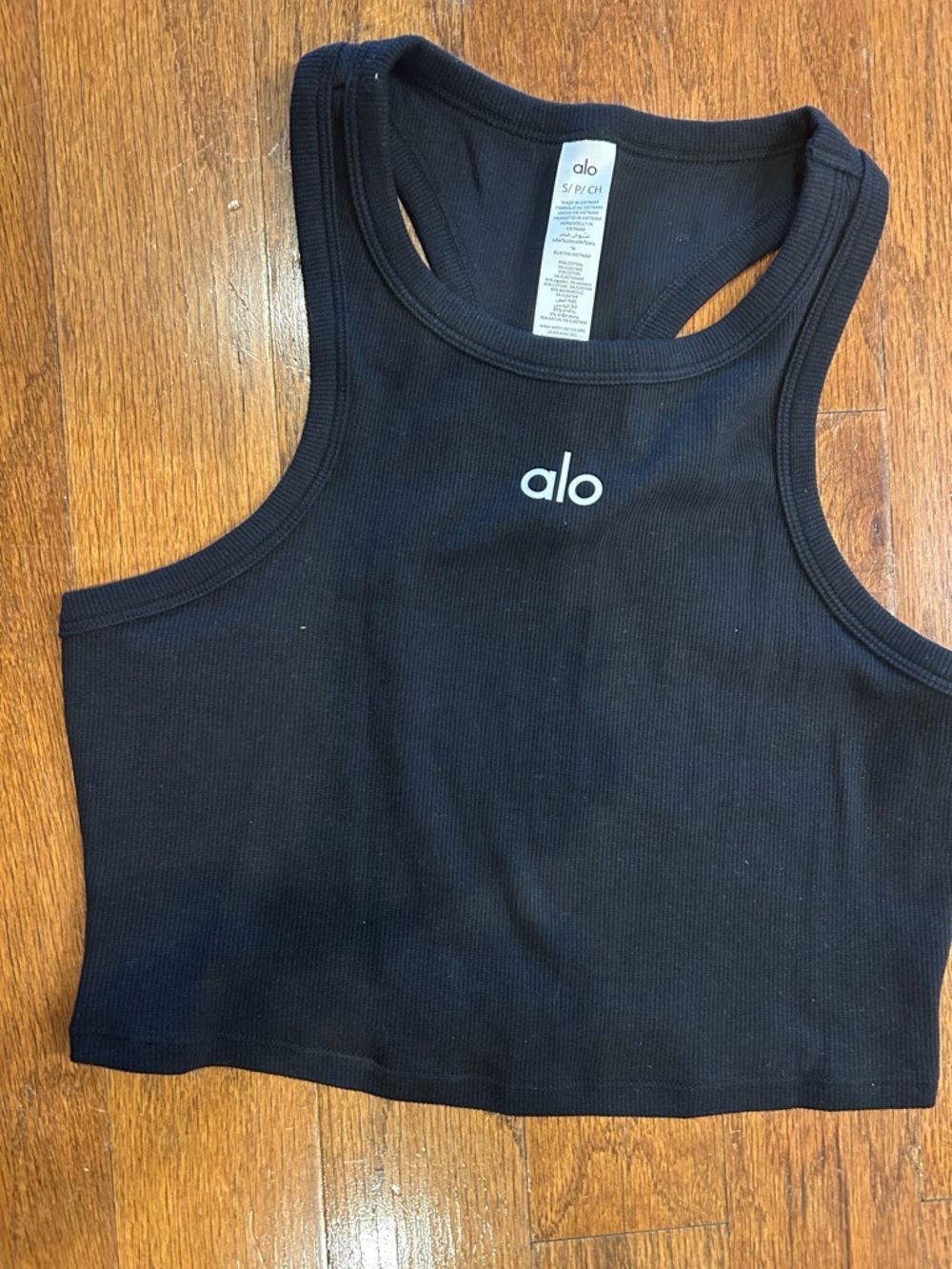 ALO Yoga Black Ribbed Crop Tank with White Logo Tag